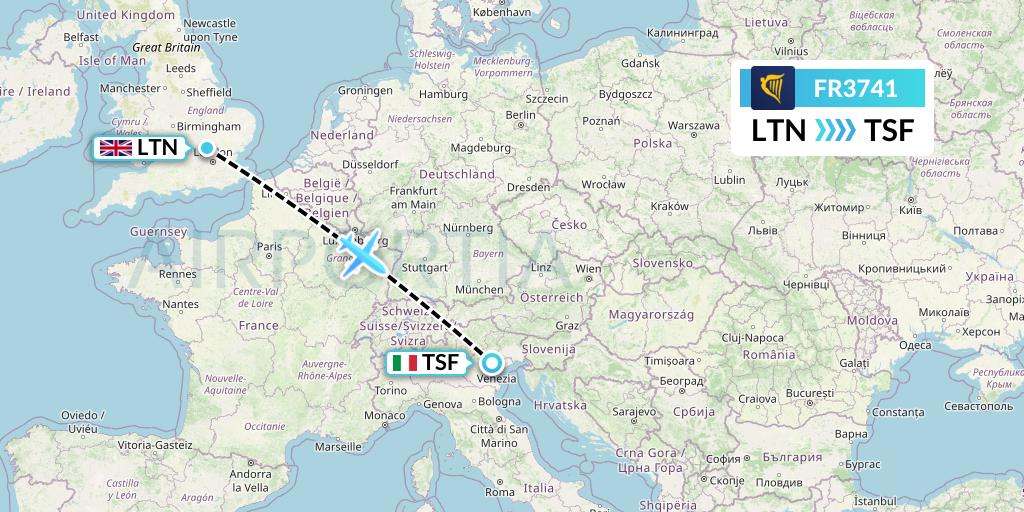 FR3741 Ryanair Flight Map: London to Treviso