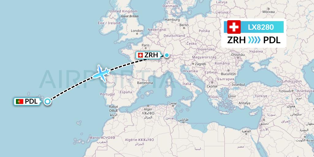 LX8280 Swiss Flight Map: Zurich to Ponta Delgada