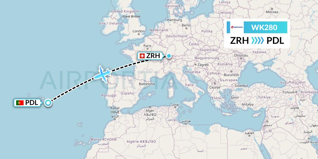 WK280 Edelweiss Air Flight Map: Zurich to Ponta Delgada