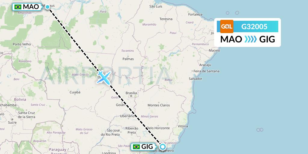 G32005 GOL Transportes Aeros Flight Map: Manaus to Rio de Janeiro
