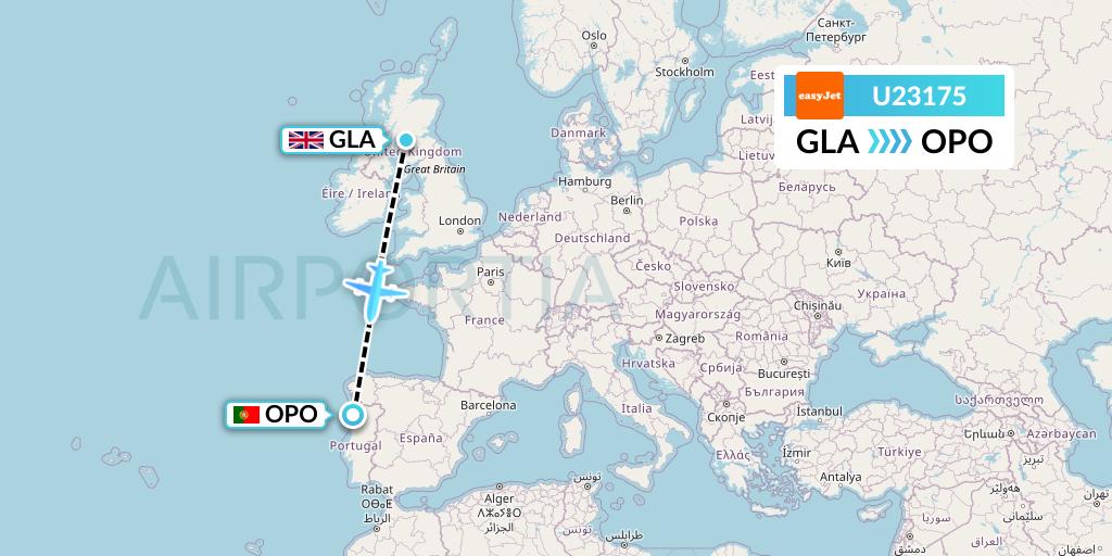 U23175 EasyJet Flight Map: Glasgow to Porto
