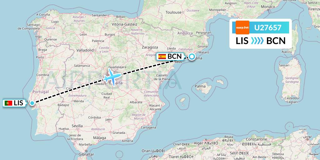 U27657 EasyJet Flight Map: Lisbon to Barcelona