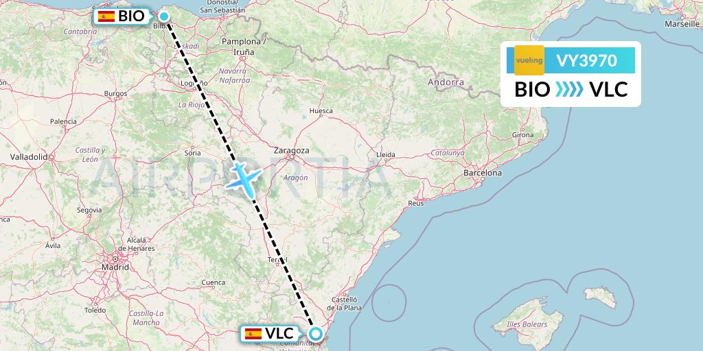 VY3970 Vueling Flight Map: Bilbao to Valencia