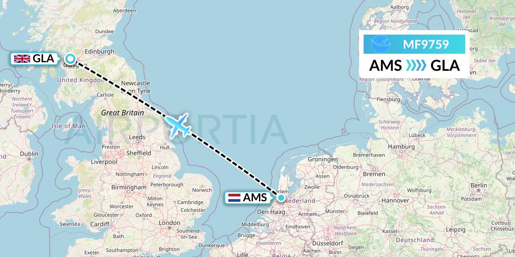 MF9759 Xiamen Airlines Flight Map: Amsterdam to Glasgow