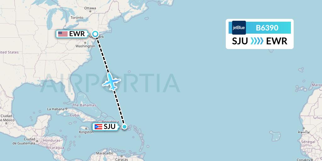 B6390 JetBlue Airways Flight Map: San Juan to New York