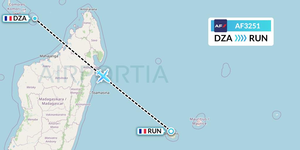 AF3251 Air France Flight Map: Dzaoudzi to Saint-Denis