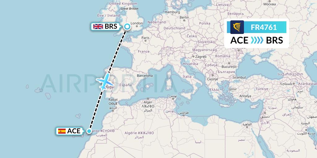 FR4761 Ryanair Flight Map: Lanzarote to Bristol
