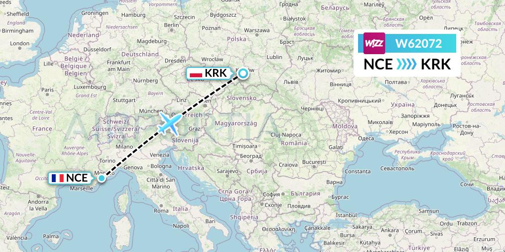 W62072 Wizz Air Flight Map: Nice to Krakow