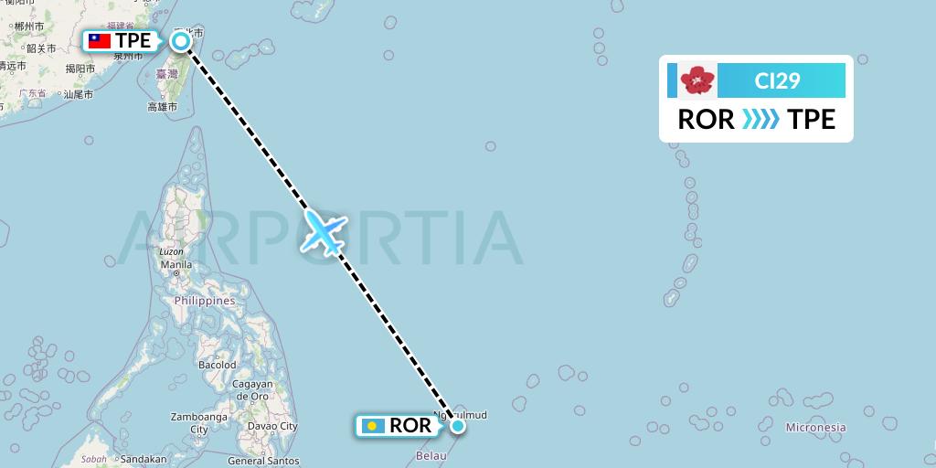 CI29 China Airlines Flight Map: Airai to Taipei
