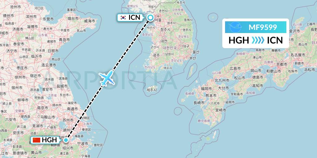 MF9599 Xiamen Airlines Flight Map: Hangzhou to Seoul