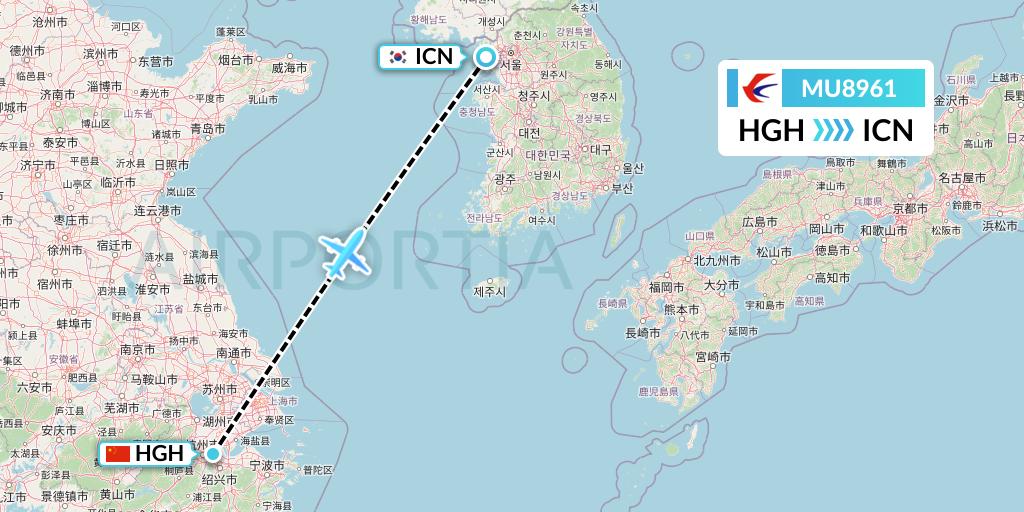 MU8961 China Eastern Airlines Flight Map: Hangzhou to Seoul
