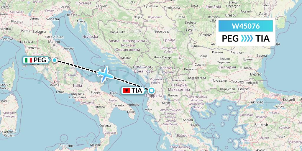W45076 Wizz Air Malta Flight Map: Perugia to Tirana