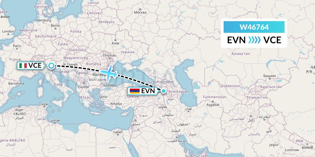 W46764 Wizz Air Malta Flight Map: Yerevan to Venice