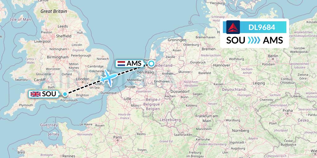 DL9684 Delta Air Lines Flight Map: Southampton to Amsterdam