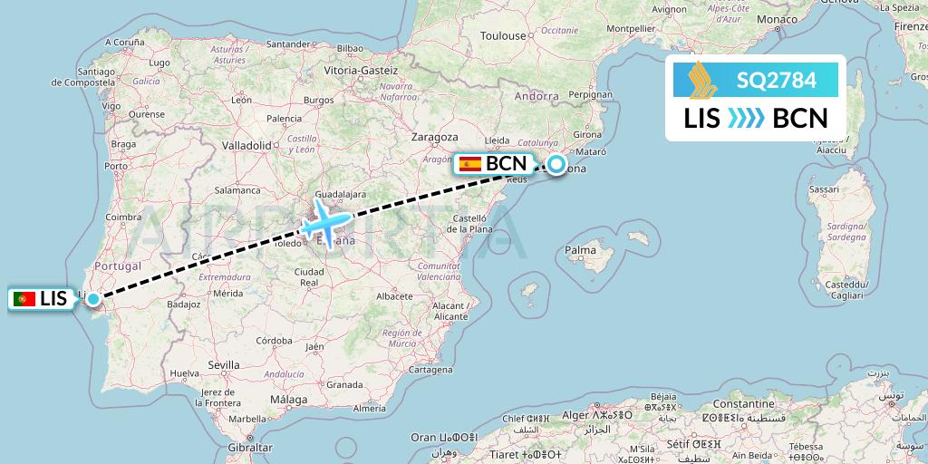 SQ2784 Singapore Airlines Flight Map: Lisbon to Barcelona