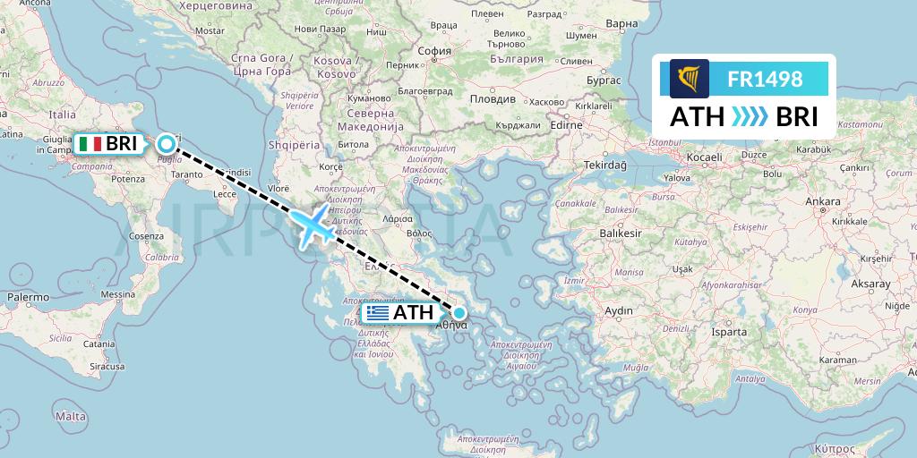 FR1498 Ryanair Flight Map: Athens to Bari