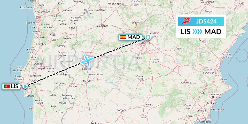 JD5424 Capital Airlines Flight Map: Lisbon to Madrid