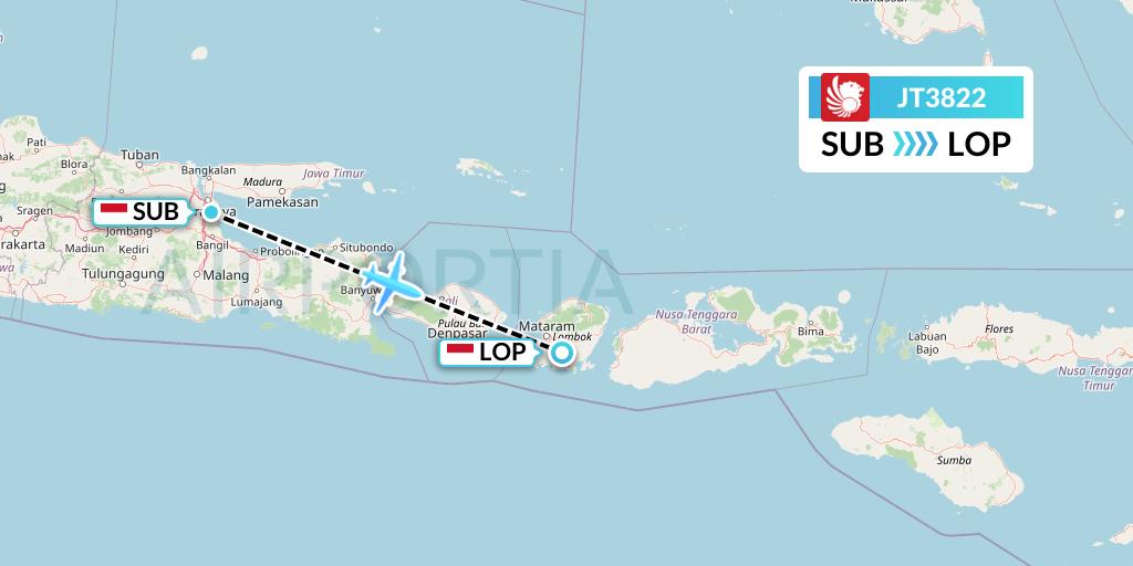 JT3822 Lion Airlines Flight Map: Surabaya to Lombok