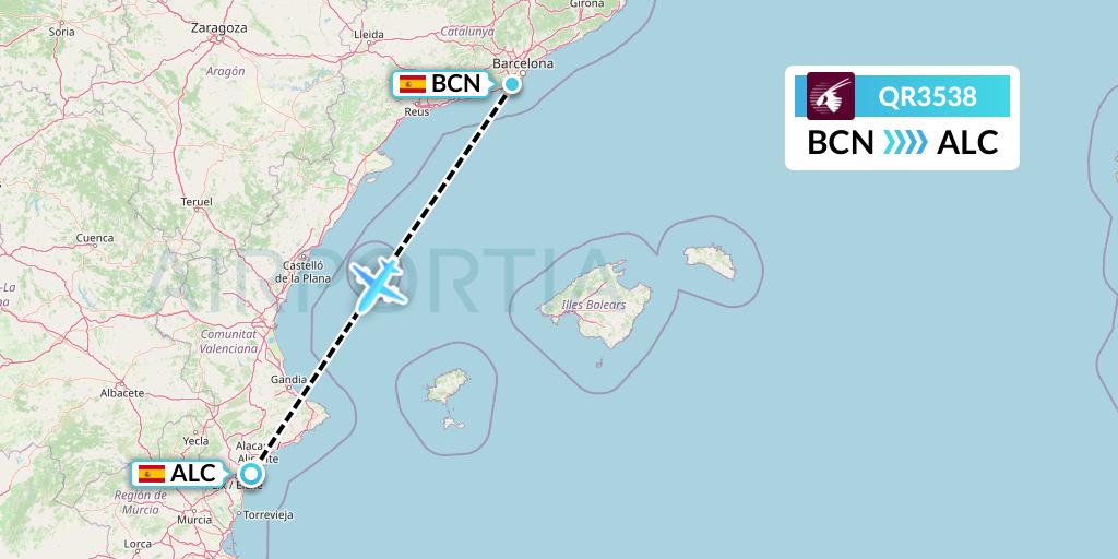 QR3538 Qatar Airways Flight Map: Barcelona to Alicante