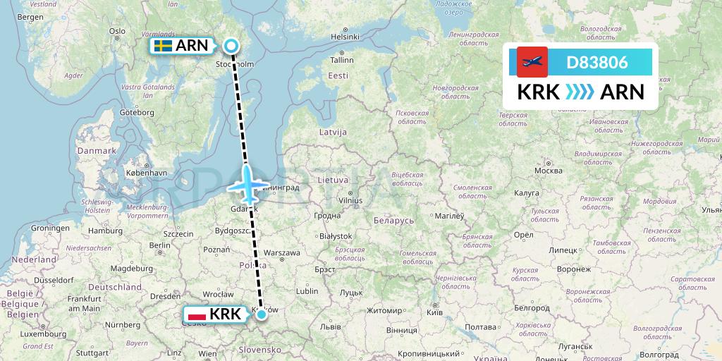 D83806 Norwegian Air International Flight Map: Krakow to Stockholm