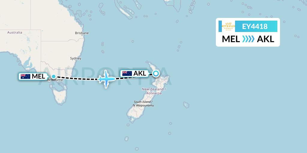 EY4418 Etihad Airways Flight Map: Melbourne to Auckland