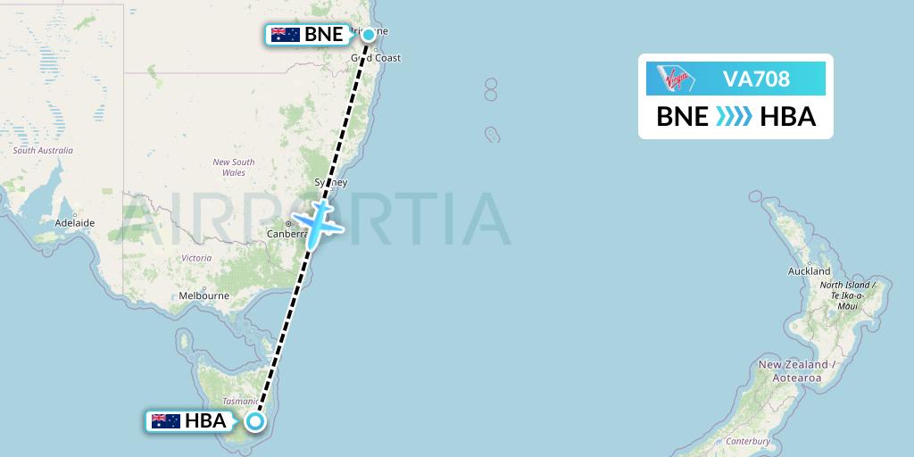 VA708 Virgin Australia Flight Map: Brisbane to Hobart