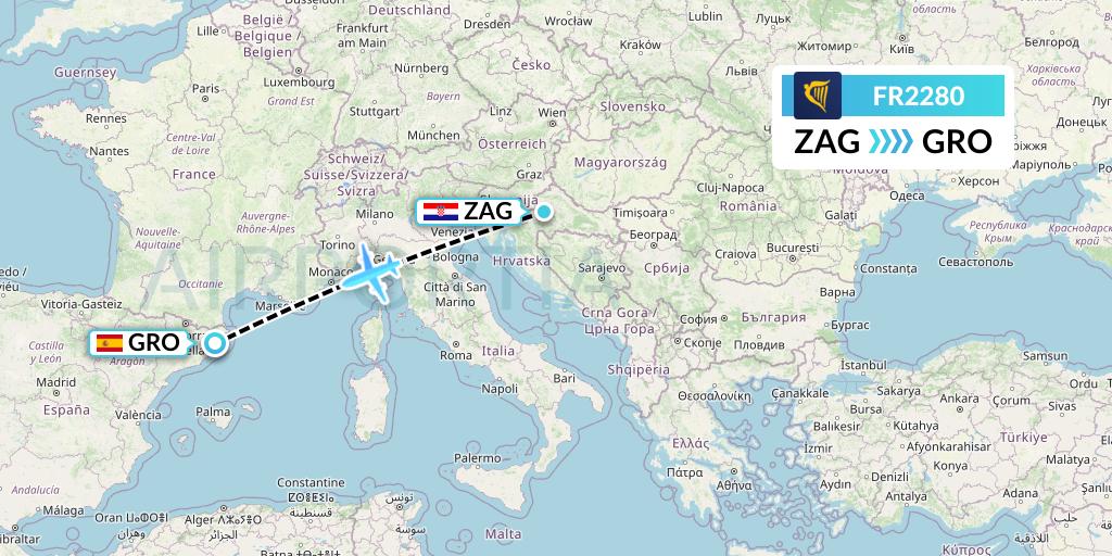 FR2280 Ryanair Flight Map: Zagreb to Girona