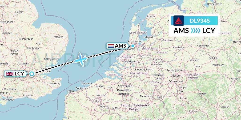 DL9345 Delta Air Lines Flight Map: Amsterdam to London