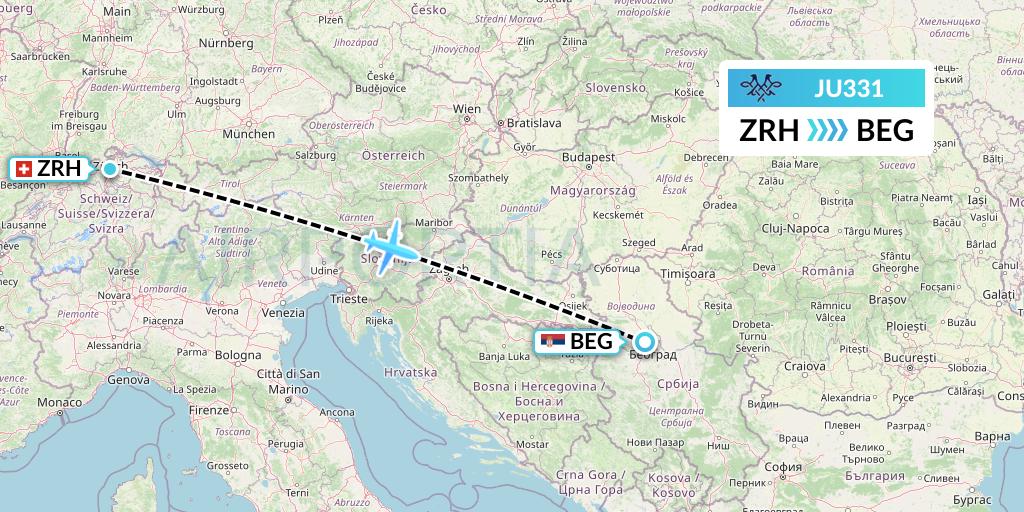 JU331 AirSERBIA Flight Map: Zurich to Belgrade