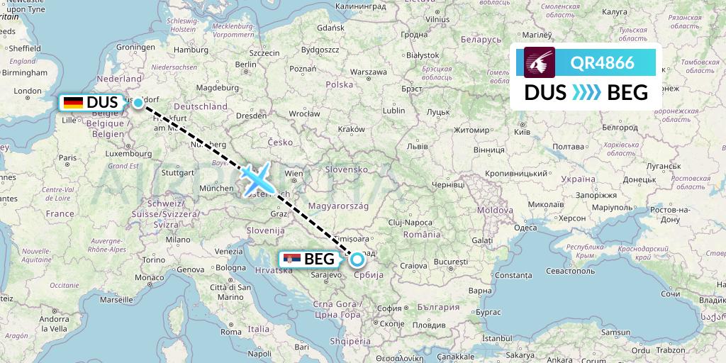 QR4866 Qatar Airways Flight Map: Dusseldorf to Belgrade