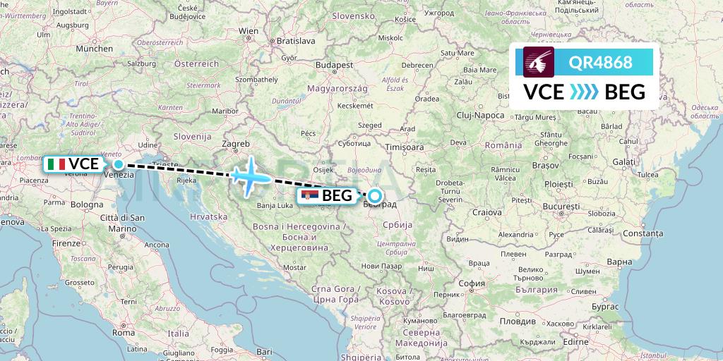 QR4868 Qatar Airways Flight Map: Venice to Belgrade