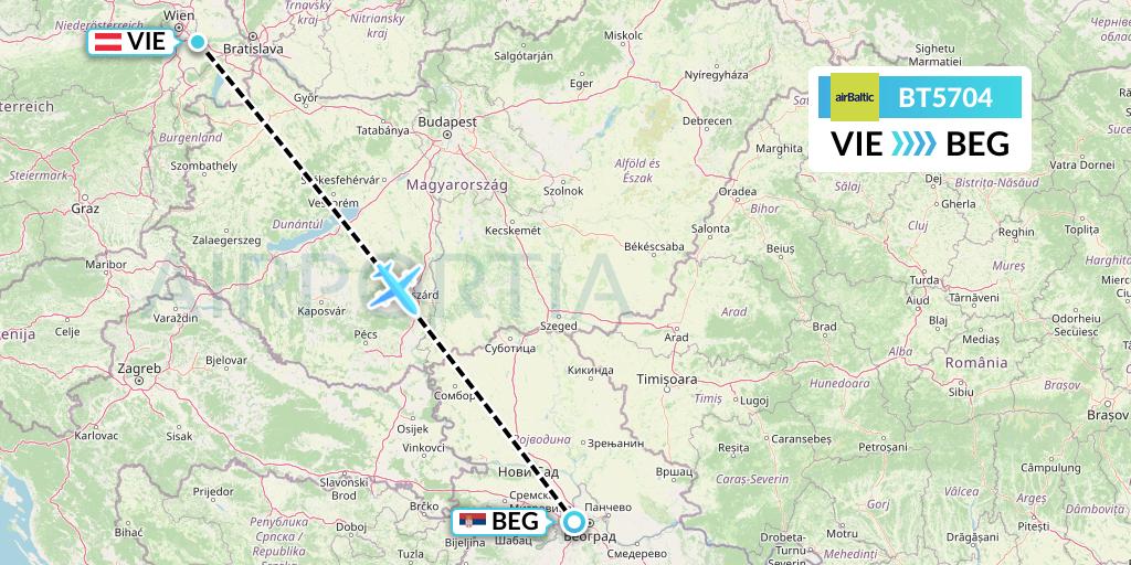 BT5704 Air Baltic Flight Map: Vienna to Belgrade