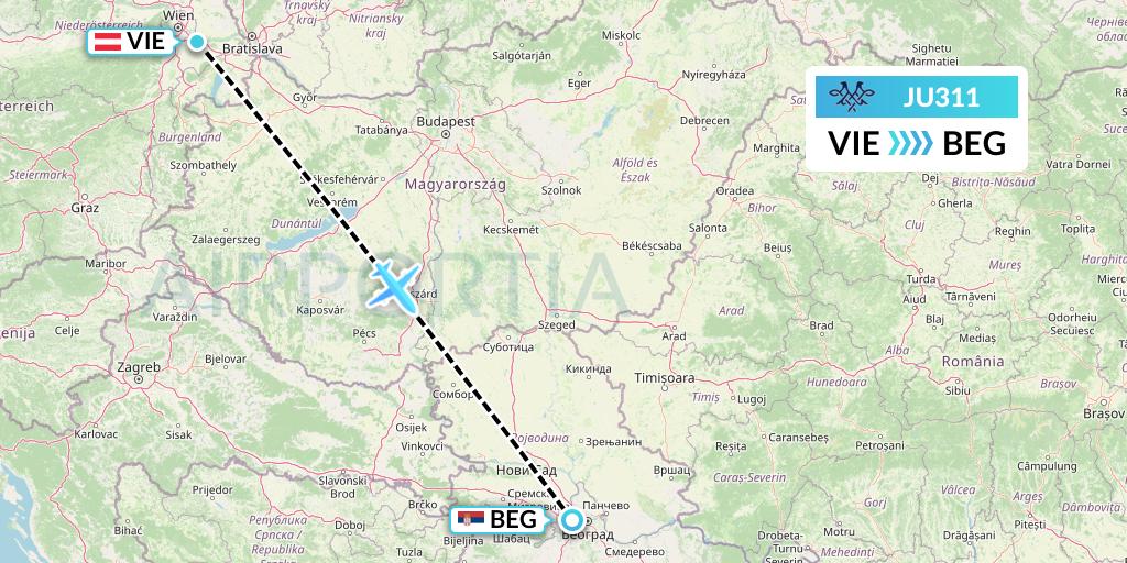 JU311 AirSERBIA Flight Map: Vienna to Belgrade