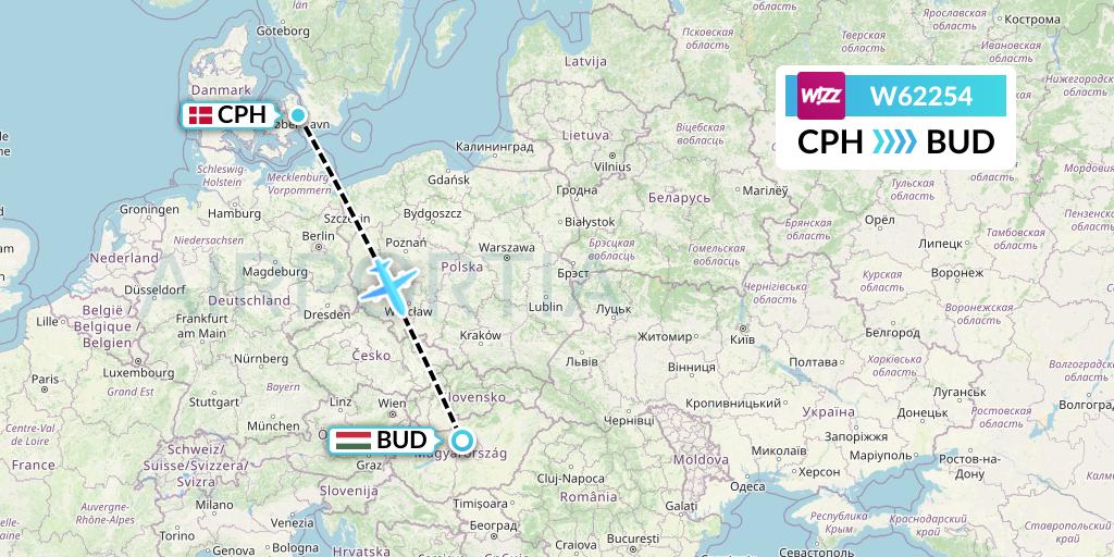 W62254 Wizz Air Flight Map: Copenhagen to Budapest