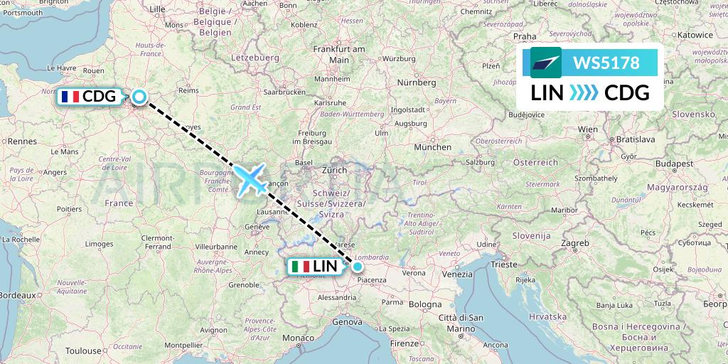 WS5178 WestJet Flight Map: Milan to Paris