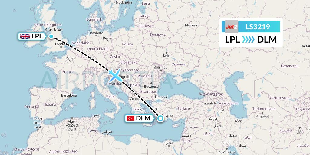 LS3219 Jet2 Flight Map: Liverpool to Dalaman