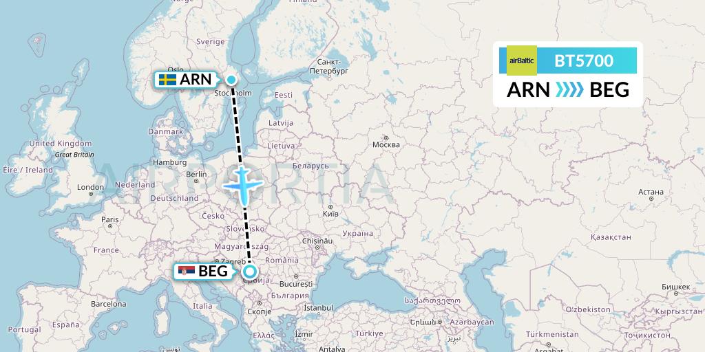 BT5700 Air Baltic Flight Map: Stockholm to Belgrade