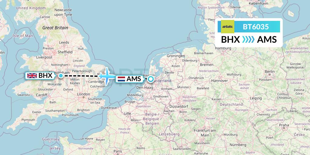 BT6035 Air Baltic Flight Map: Birmingham to Amsterdam