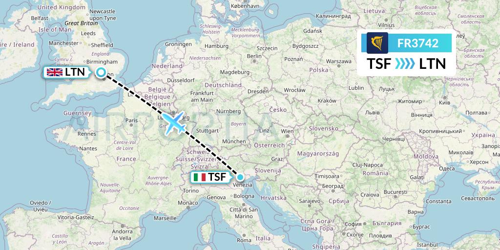 FR3742 Ryanair Flight Map: Treviso to London