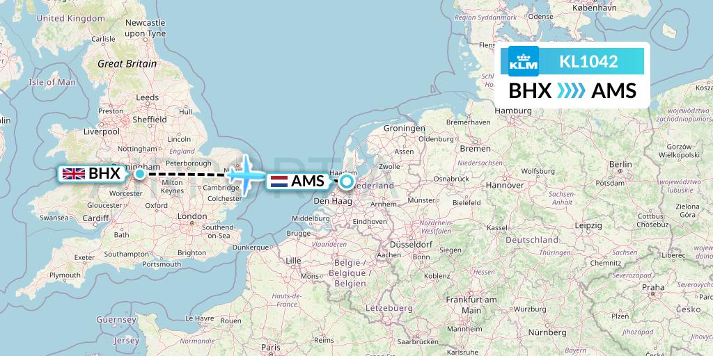 KL1042 KLM Flight Map: Birmingham to Amsterdam
