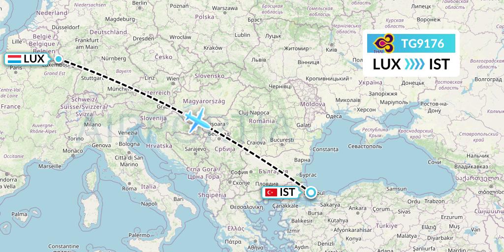 TG9176 Thai Airways Flight Map: Luxembourg to Istanbul