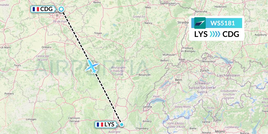 WS5181 WestJet Flight Map: Lyon to Paris