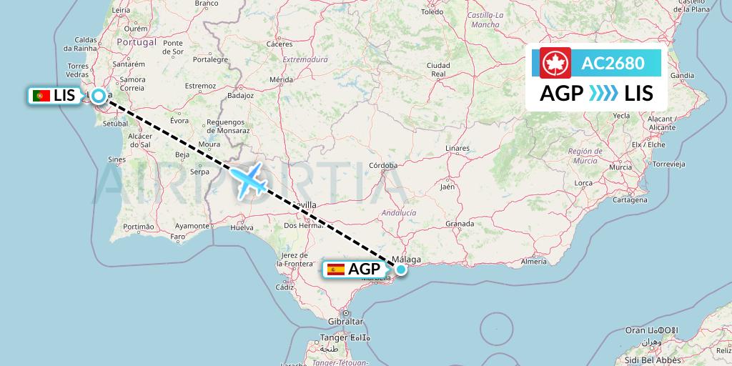 AC2680 Air Canada Flight Map: Malaga to Lisbon