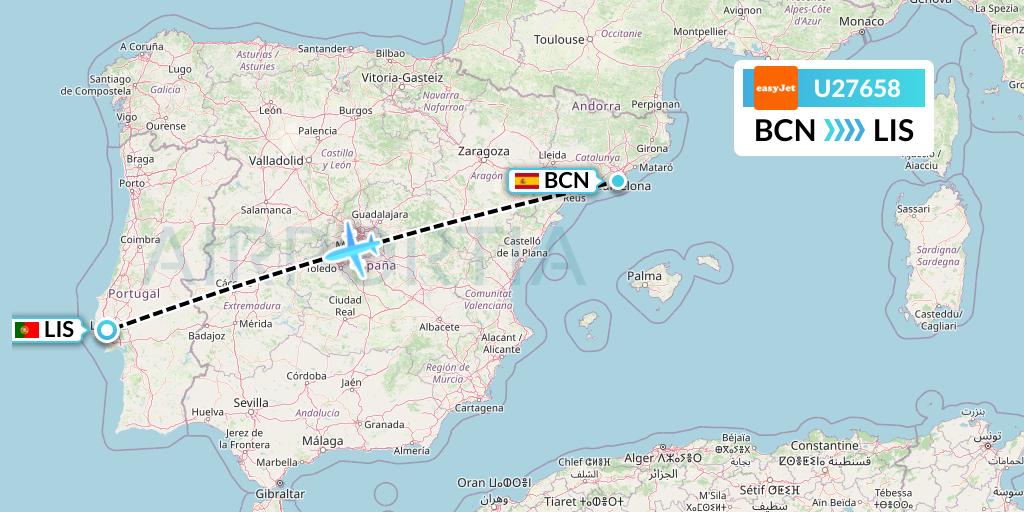 U27658 EasyJet Flight Map: Barcelona to Lisbon