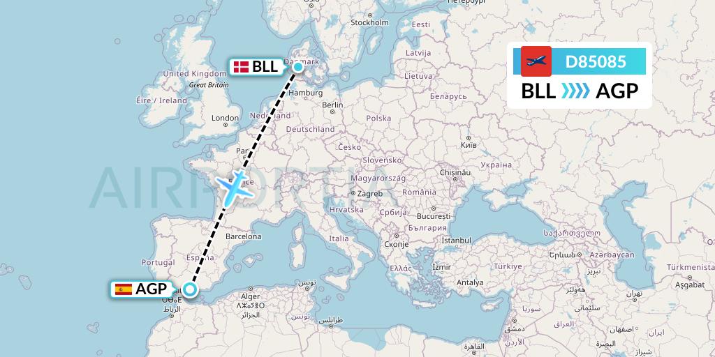 D85085 Norwegian Air International Flight Map: Billund to Malaga