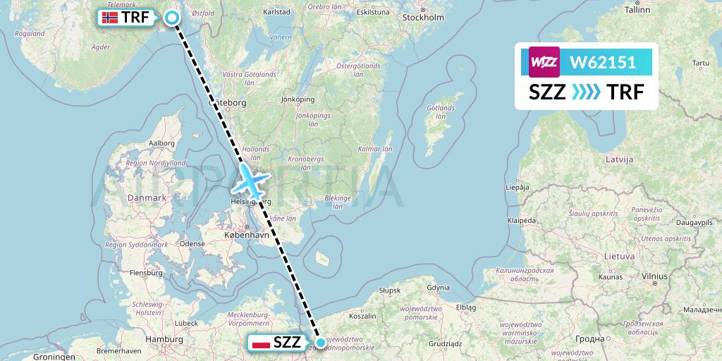 W62151 Wizz Air Flight Map: Szczecin to Oslo
