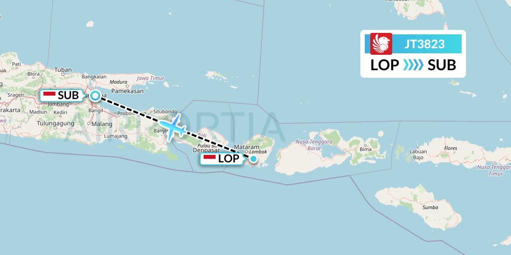 JT3823 Lion Airlines Flight Map: Lombok to Surabaya