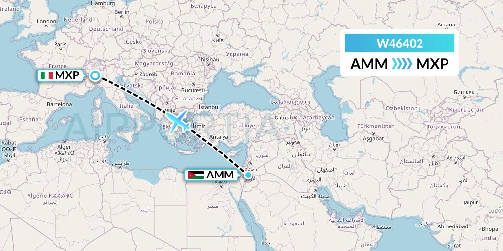 W46402 Wizz Air Malta Flight Map: Amman to Milan