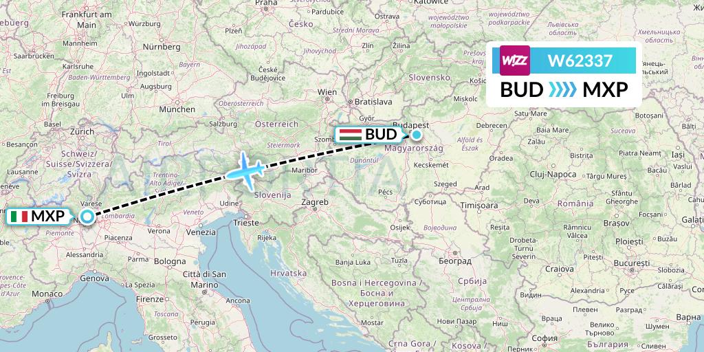 W62337 Wizz Air Flight Map: Budapest to Milan