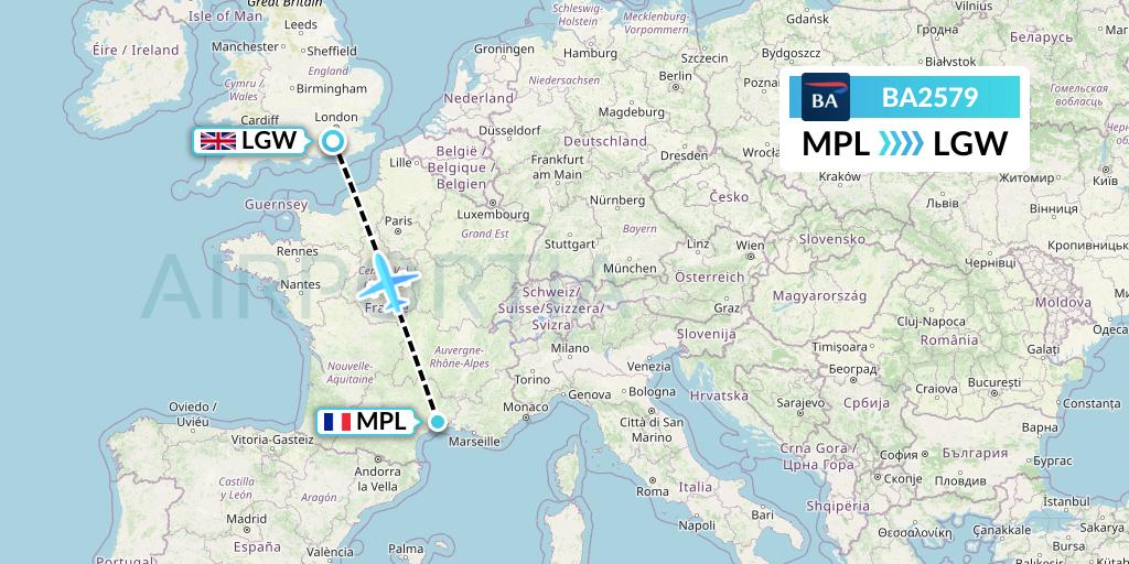 BA2579 British Airways Flight Map: Montpellier to London
